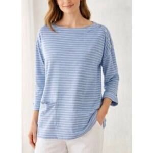 J.Jill Blue Striped Boat Neck Blouse Tunic Petite XL 3/4 Sleeve Nautical Coastal